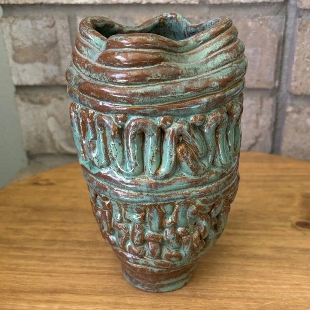 Freeform Coil Pottery Vase Ceramic Artist Handmade Vessel Modern Sea Green‎ 7in